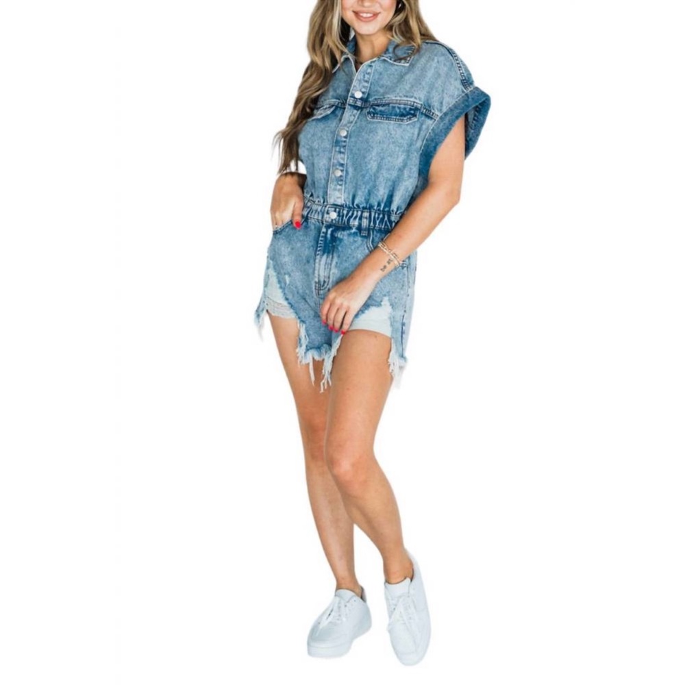 Idem ditto distressed blue jean romper. Size small - Picture 4 of 5